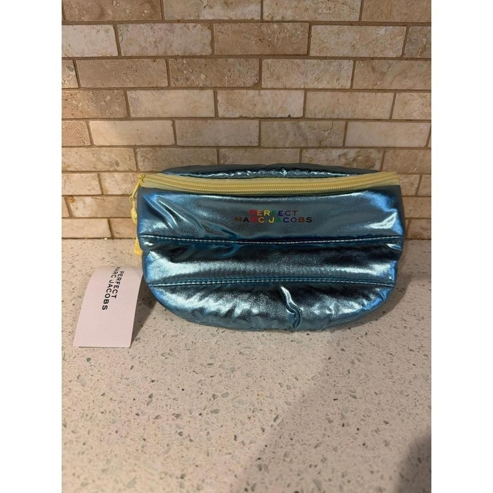Perfect Marc Jacobs Metallic Blue Puffer Cosmetic Bag Makeup Pouch Zip Fanny pac